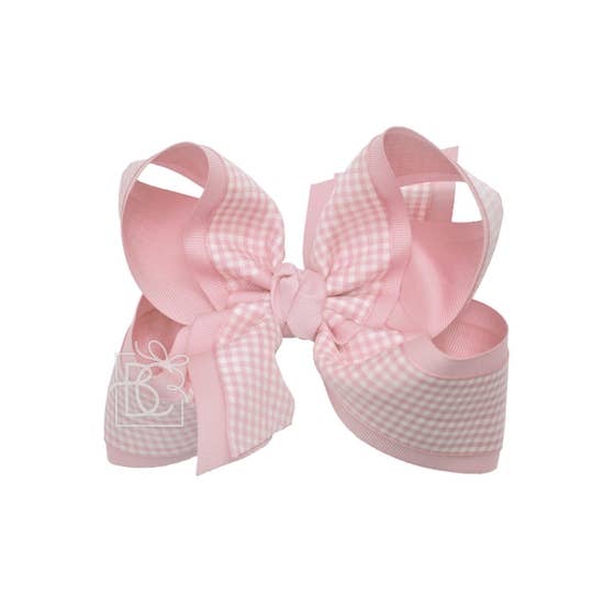 LAYERED GINGHAM/GROSGRAIN BOW ON CLIP: 5.5" Huge - 2.25" & 1.5" Ribbons on Alligator Clip / LIGHT PINK