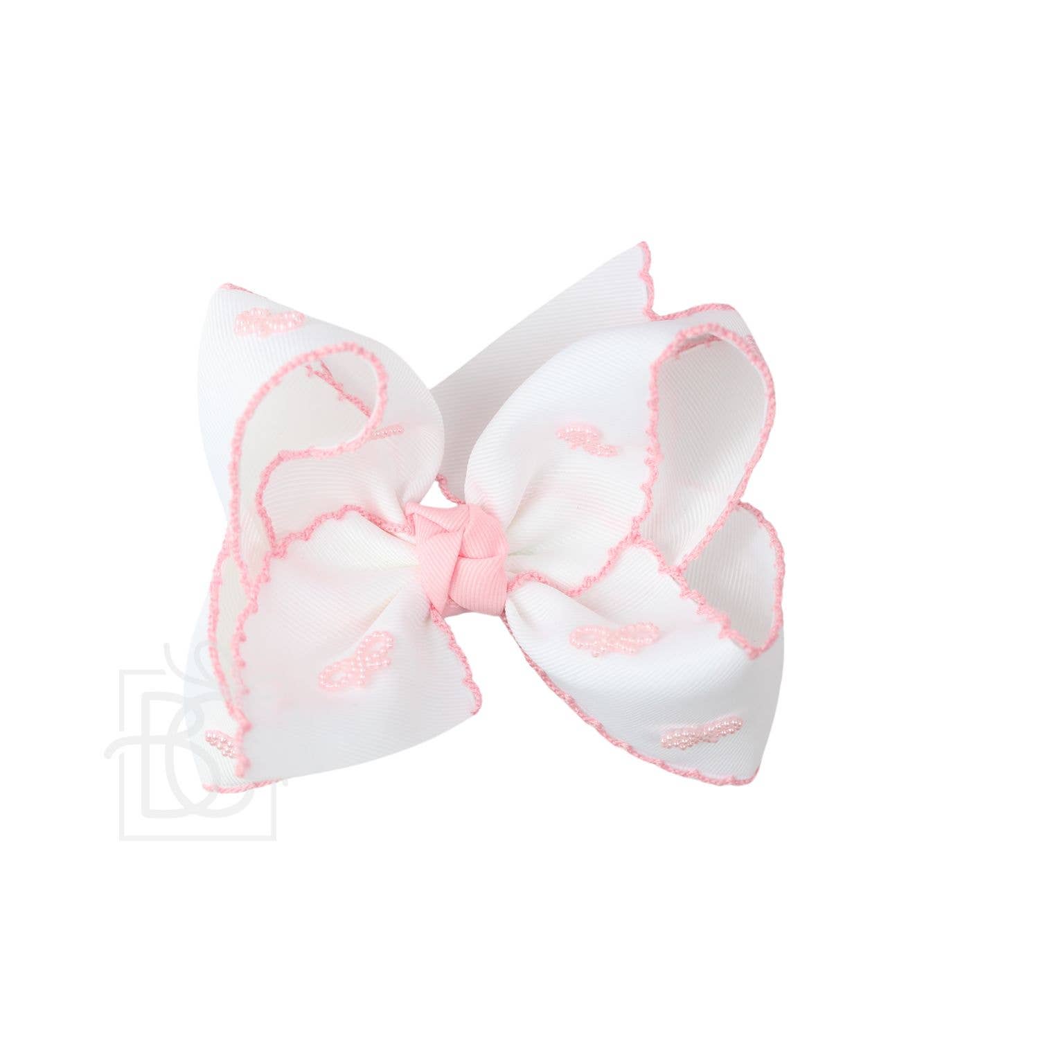 CROCHET EDGE BOW WITH PEARL EMBELLISHED BOWS: White/ Light Pink Edge w/ Light Pink Pearl Bows / 4.5" Large