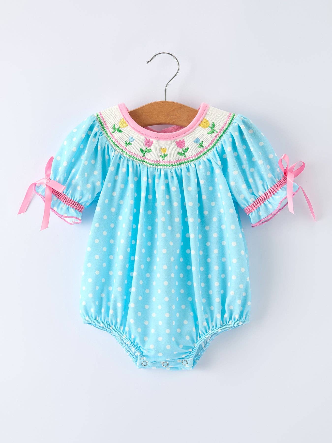Tulip Smocked Baby Girls Romper with Polka Dot Puff Sleeves