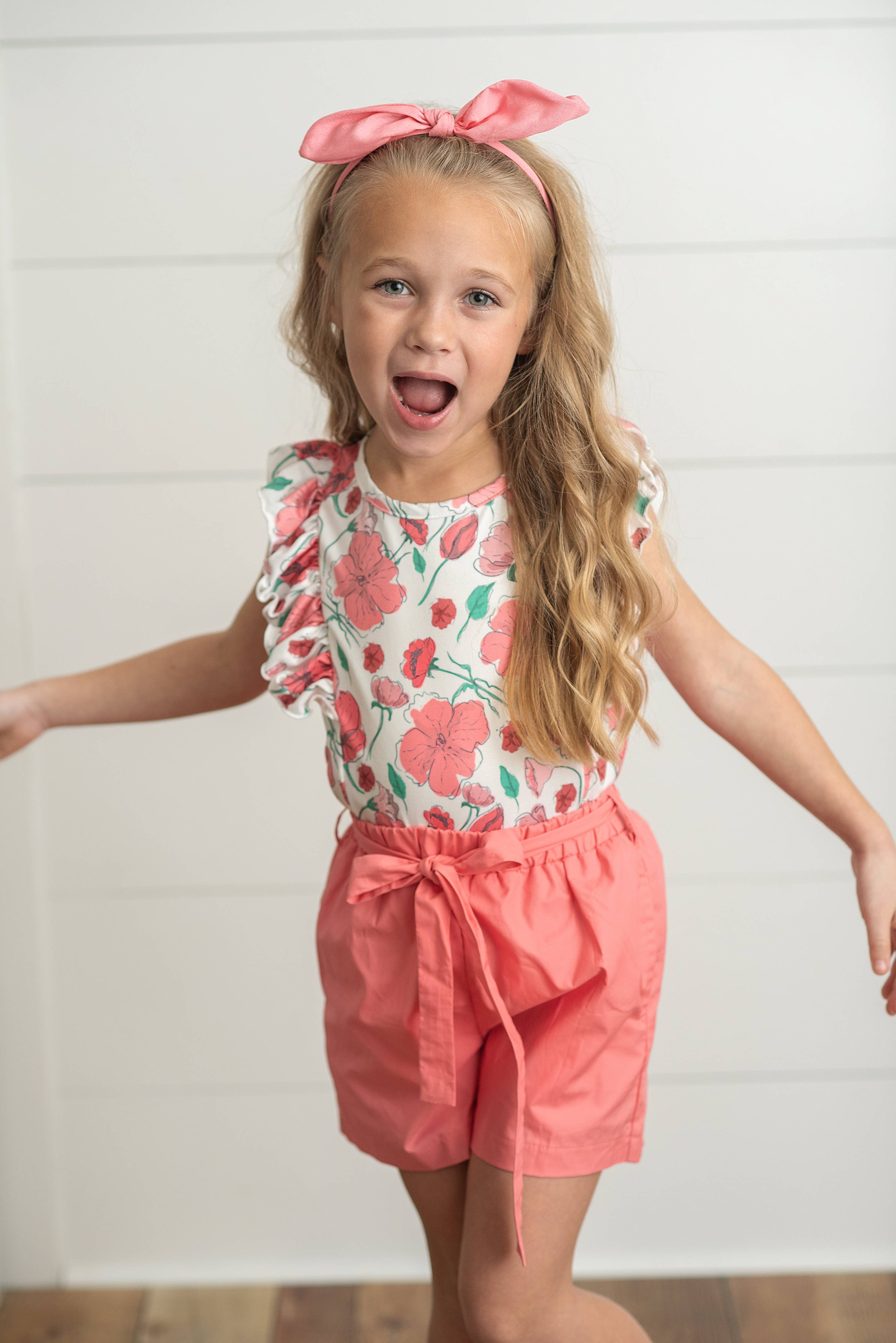 Kids Coral Pink Floral Ruffle Spring Summer Pocket Short Set