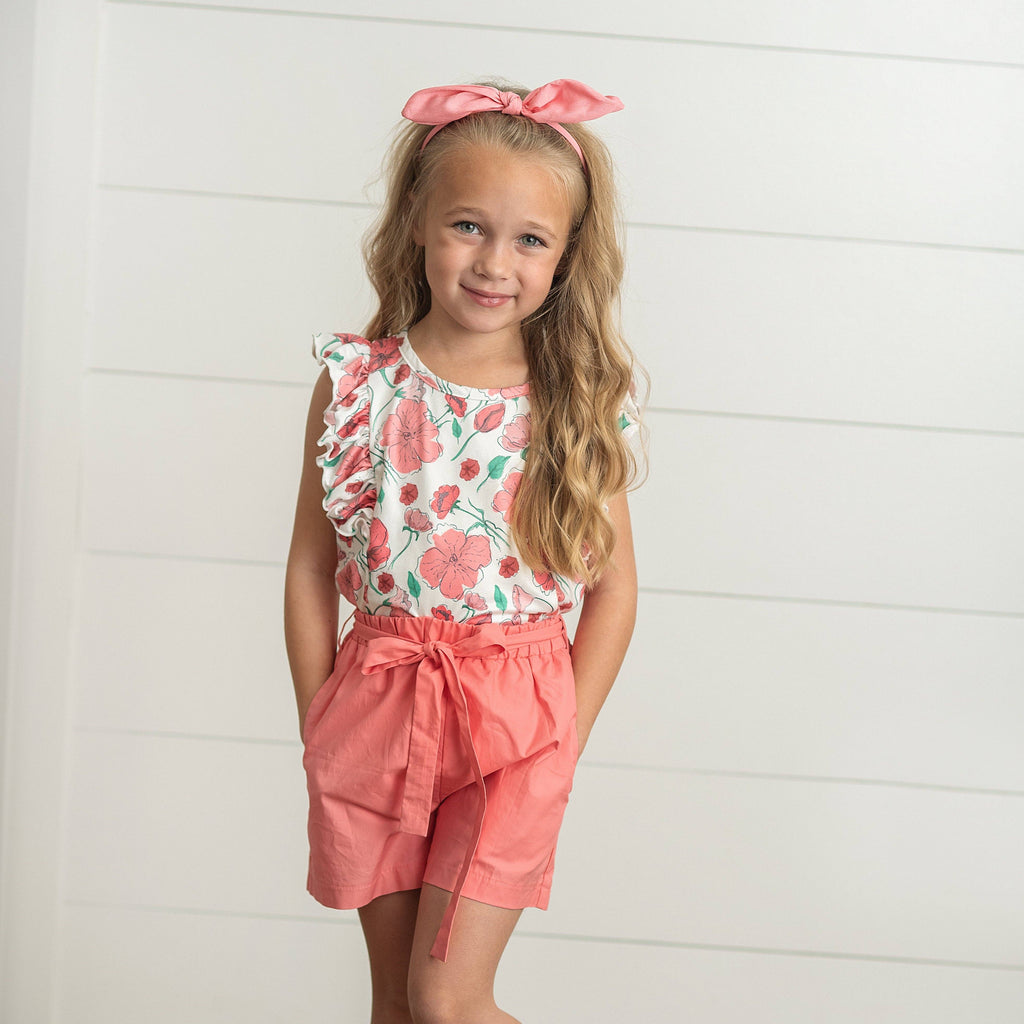 Kids Coral Pink Floral Ruffle Spring Summer Pocket Short Set