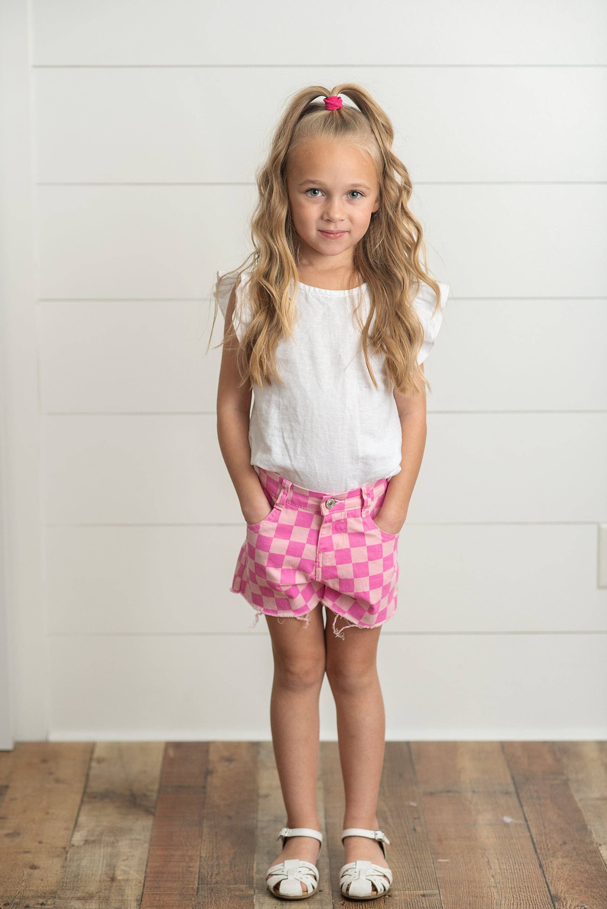Kids Pink Checkered Denim Spring Summer Shorts