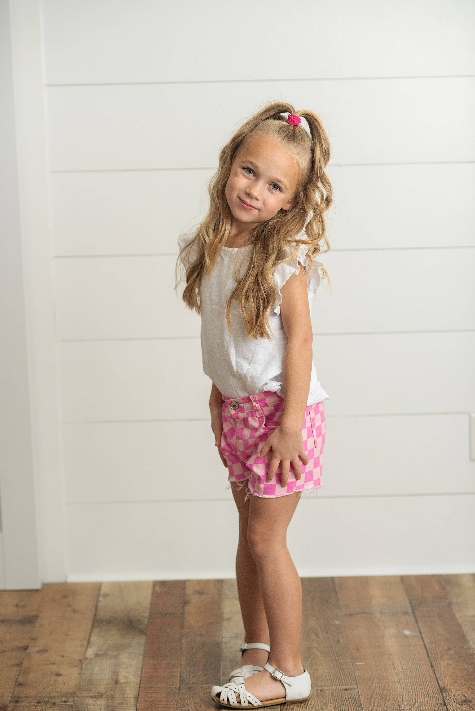 Kids Pink Checkered Denim Spring Summer Shorts